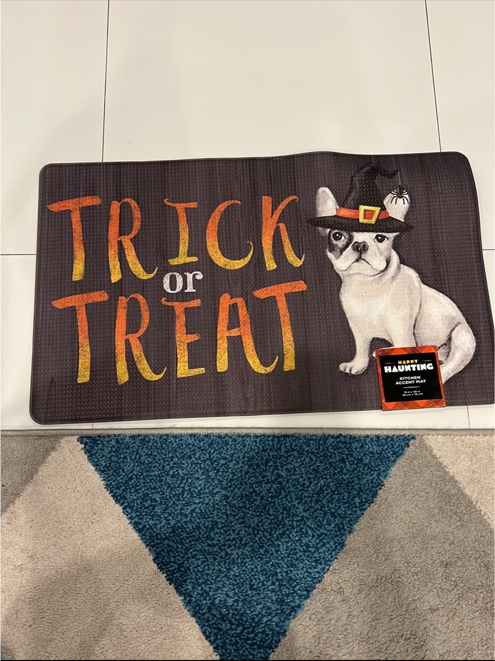 Halloween 'Trick or Treat' frenchie kitchen Accent Mat - Orange on Black